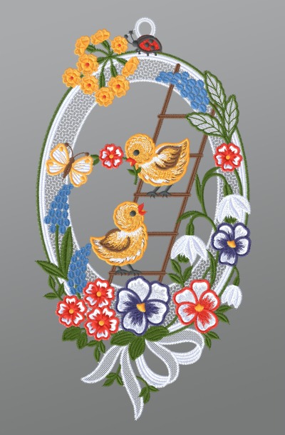 ArtikelbildFensterbild aus Plauener Spitze® - Küken auf Leiter #1W mehrfarbig