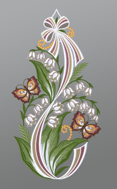 ArtikelbildFensterbild aus Plauener Spitze® - Maiglöckchen mit Schmetterlingen #1W mehrfarbig