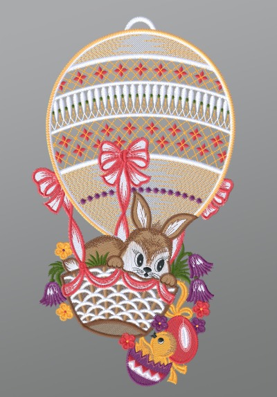 ArtikelbildFensterbild aus Plauener Spitze® - Hase im Heißluftballon und Küken #1W mehrfarbig