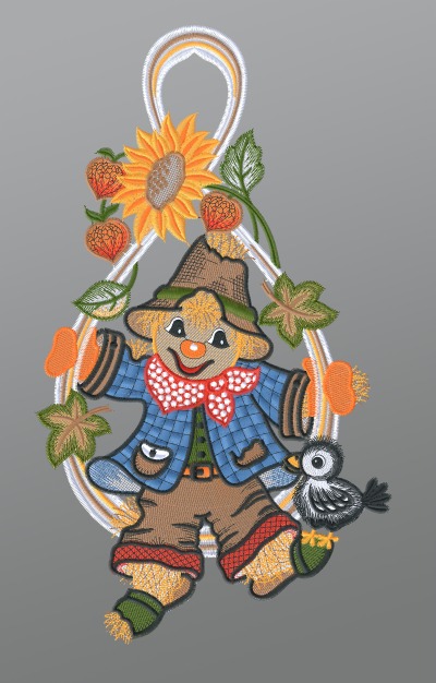 ArtikelbildFensterbild aus Plauener Spitze® - Vogelscheuche mit Herbstlaub und Vögelchen #1W mehrfarbig