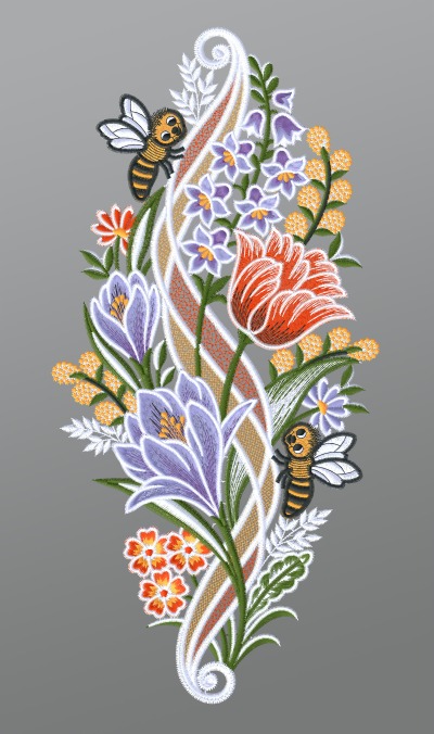 ArtikelbildFensterbild aus Plauener Spitze® - Lilien mit Bienen #1W mehrfarbig