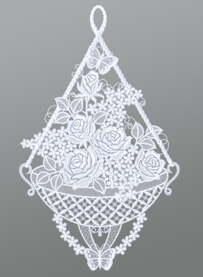 ArtikelbildFensterbild aus Plauener Spitze® - Rosenkorb mit Schmetterlingen #1W in Weiß