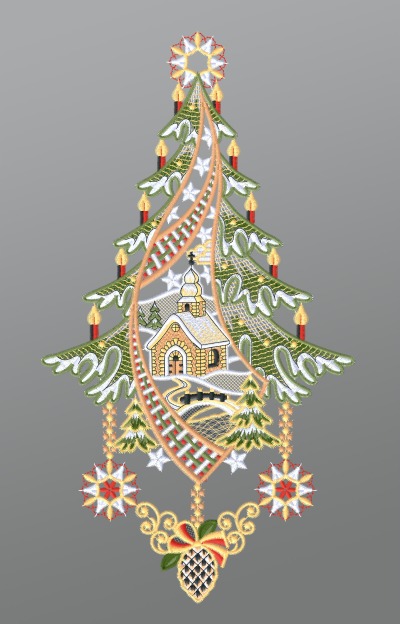 ArtikelbildFensterbild aus Plauener Spitze® - Kirche mit Winterlandschaft und Tannenbaum #1W mehrfarbig