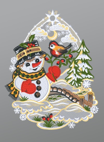 ArtikelbildFensterbild aus Plauener Spitze® - Schneemann mit Vögelchen #1W mehrfarbig
