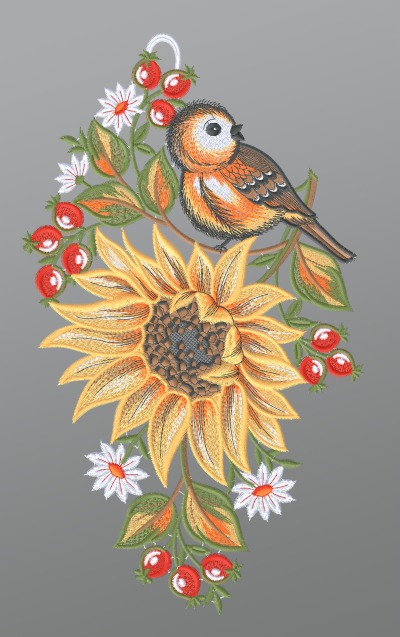 ArtikelbildFensterbild aus Plauener Spitze® - Sonnenblume mit Vögelchen #1W mehrfarbig