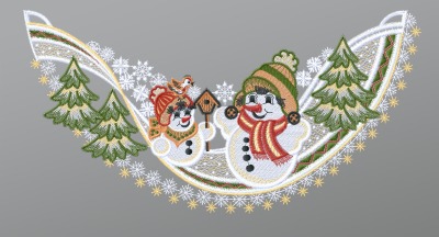 ArtikelbildFensterbild aus Plauener Spitze® - Schneemann Duo mit Vogelhaus #1W mehrfarbig