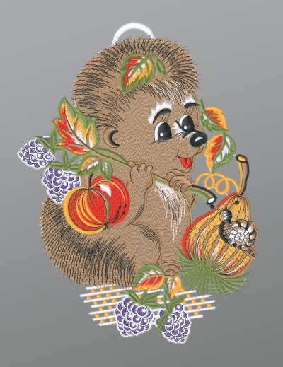 ArtikelbildFensterbild aus Plauener Spitze® - Igel mit Brombeeren und Schnecke #1W mehrfarbig