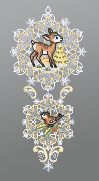 ArtikelbildFensterbild aus Plauener Spitze® - Rehkitz mit Vögelchen und Schneekristallen #1W mehrfarbig