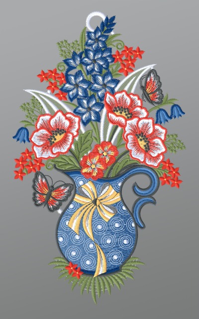 ArtikelbildFensterbild aus Plauener Spitze® - Blumenstrauß in Kanne #1W mehrfarbig