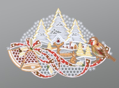 ArtikelbildFensterbild aus Plauener Spitze® - Winterlandschaft mit Vogel und Glocken #1W mehrfarbig