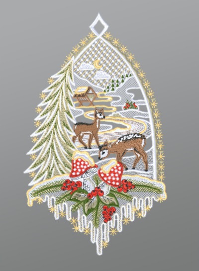 ArtikelbildFensterbild aus Plauener Spitze® - Rehe mit Tannenbaum #1W mehrfarbig