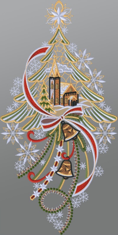ArtikelbildFensterbild aus Plauener Spitze® - Kirche mit Tannenbaum und Glocken #1W mehrfarbig