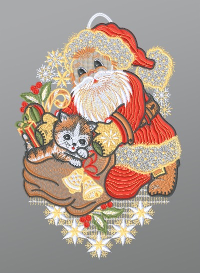 ArtikelbildFensterbild aus Plauener Spitze® - Weihnachtsmann mit Kätzchen #1W mehrfarbig