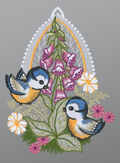 ArtikelbildFensterbild aus Plauener Spitze® - Blaumeisen Paar mit Fingerhut #1W mehrfarbig