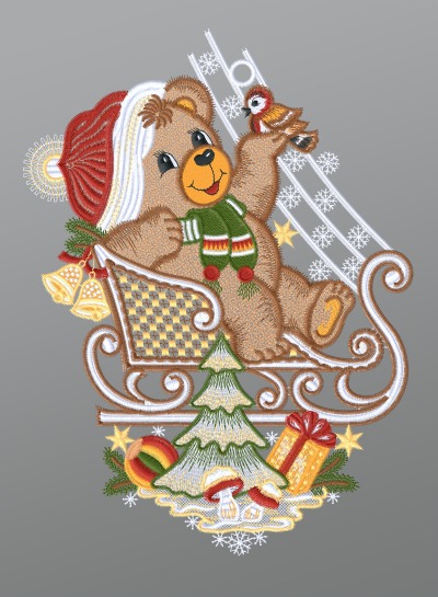 ArtikelbildFensterbild aus Plauener Spitze® - Weihnachtsbär mit Schlitten #1W mehrfarbig