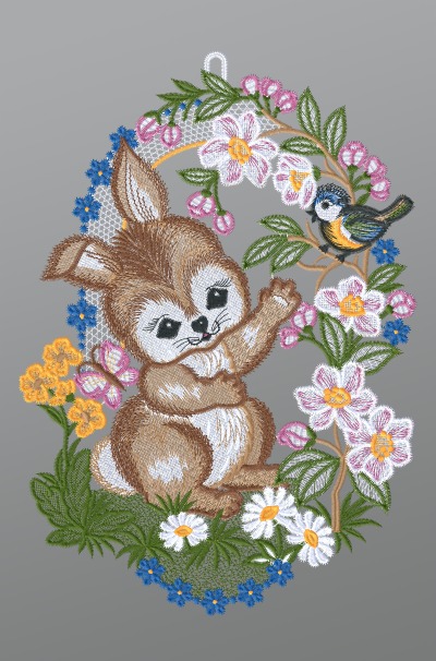 ArtikelbildFensterbild aus Plauener Spitze® - Kleiner Hase mit Vögelchen #1W mehrfarbig