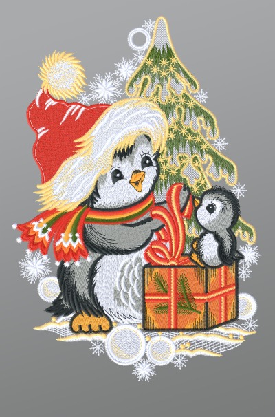 ArtikelbildFensterbild aus Plauener Spitze® - Weihnachtspinguine mit Geschenk #1W mehrfarbig