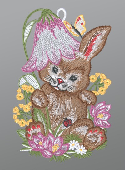 ArtikelbildFensterbild aus Plauener Spitze® - Osterhase mit Blütenhut #1W mehrfarbig