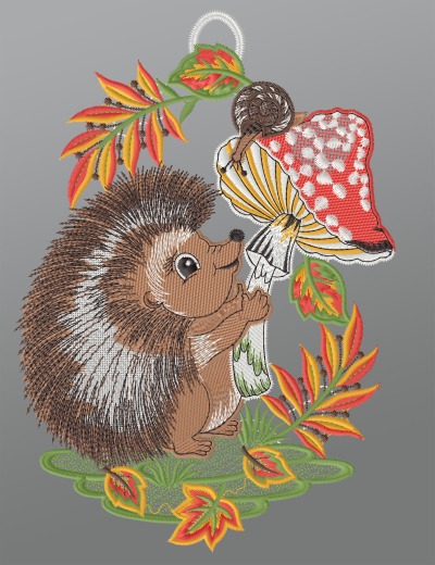 ArtikelbildFensterbild aus Plauener Spitze® - Igel mit Fliegenpilz #1W mehrfarbig