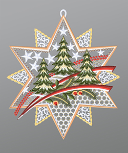 Fensterbild aus Plauener Spitze® - Tannenbäume mit Sternen #1W mehrfarbig