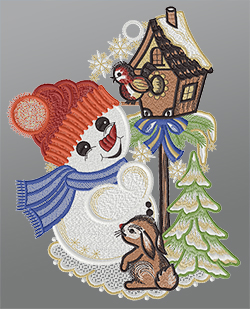 Fensterbild aus Plauener Spitze® - Süßer Schneemann #1W mehrfarbig